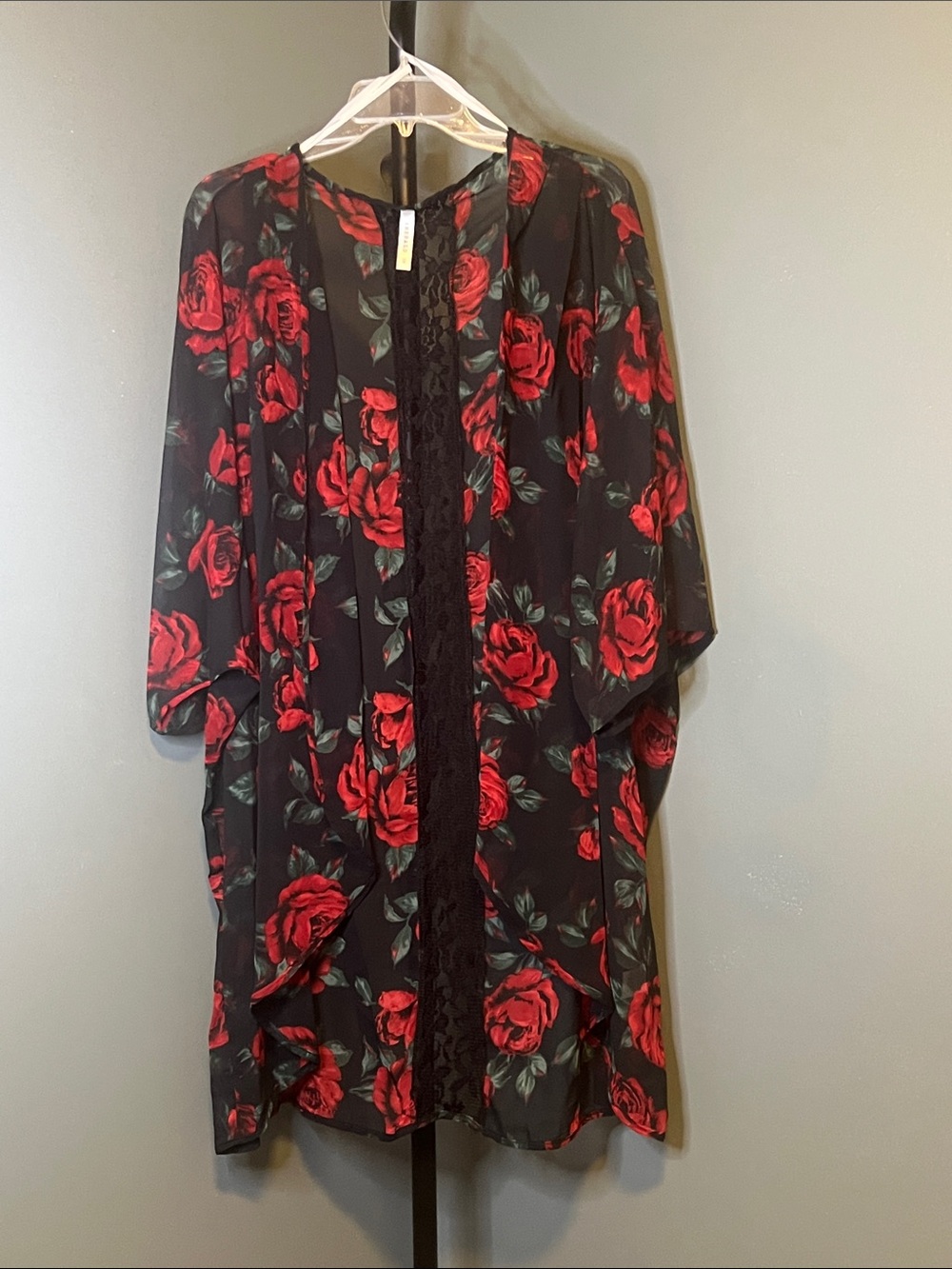 Emerald Black Kimono Robe with Red Rose Print